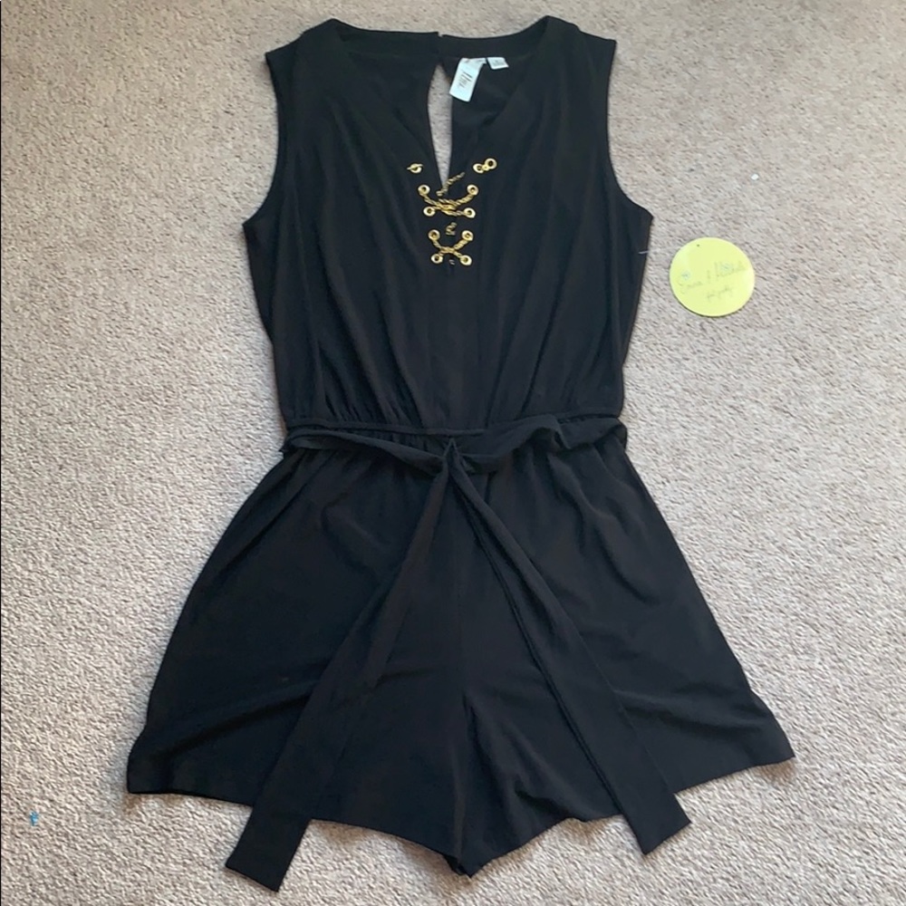 Emma & Michele Black Sleeveless Romper with Gold Chain Detail | Size Small